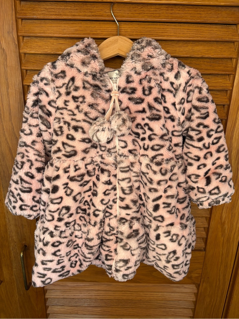 Girls' Pink Leopard Faux-Fur Hooded Puffer Coat with Pom-Tie